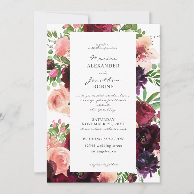 Invitation Mariage Floral Bourguignon & Blush (Devant)