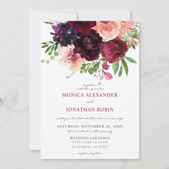 Invitation Mariage floral Bourguignon et rose 2 (Devant)