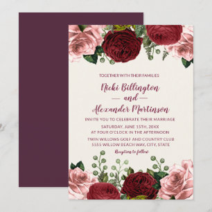 Invitation Mariage Floral Bourguignon Romantique Rose