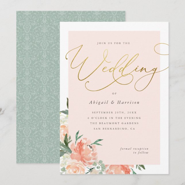 Invitation Mariage floral broyeur et script or (Devant / Derrière)