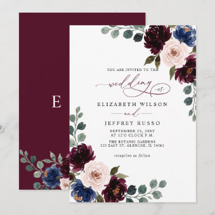 Invitation Mariage Floral Burgundy Blush Navy Greenery