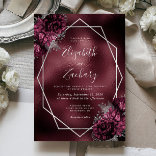 Invitation Mariage Floral Cadre Argent Faux Foil Bourgogne