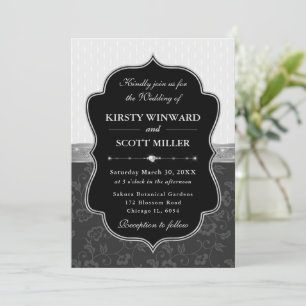 Invitation Mariage Floral Cadre Noir Élégant Argent