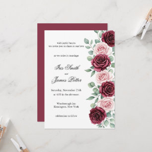 Invitation Mariage Floral Calligraphié au Vin Marsala Rustiqu