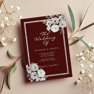 Invitation Mariage floral chic bordeaux blanc paillettes arge