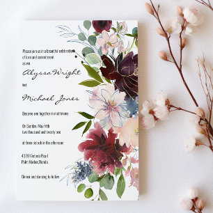 Invitation Mariage floral chic campagne or burgundy rose