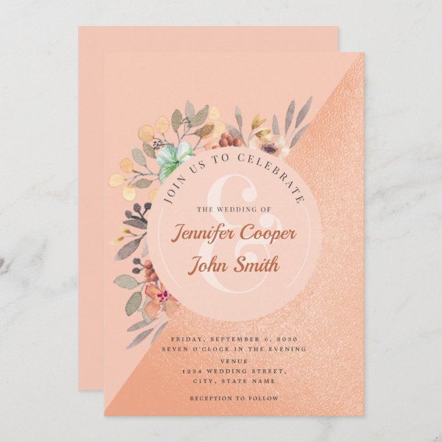 Invitation Mariage floral chic en cuivre (Devant / Derrière)