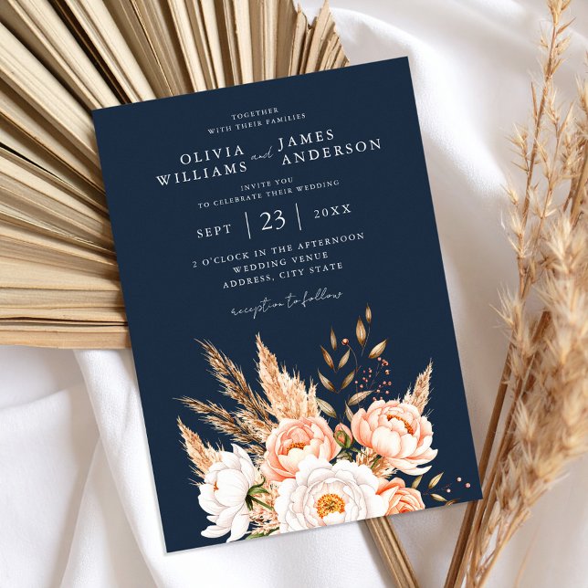 Invitation Mariage floral chic et bleu marine (Créateur téléchargé)