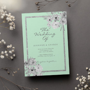 Invitation Mariage floral chic néo menthe blanc paillettes ar