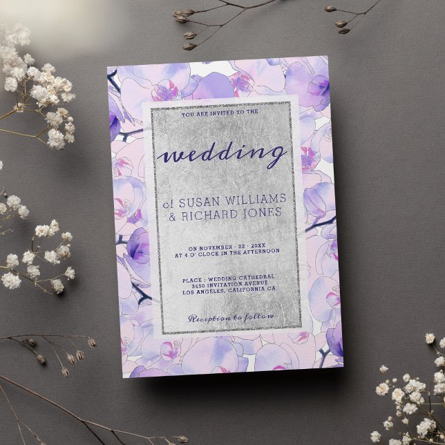 Invitation Mariage floral chic rose lavande argenté orchidée (Chic pink lavender silver orchid floral Wedding )