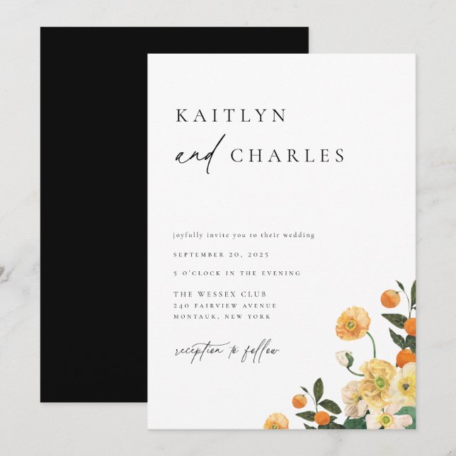 Invitation Mariage floral Citrus Orange (Devant / Derrière)