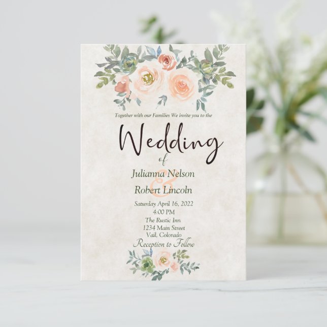 Invitation Mariage floral clair et vert à l'eau invitati (Debout devant)