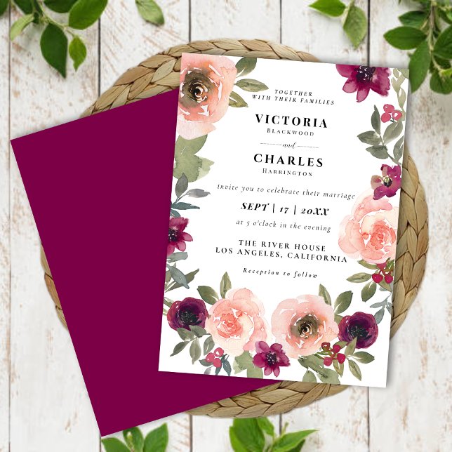 Invitation Mariage floral classique et élégant (Classic Elegant Blush Watercolor Floral Wedding Invitation)