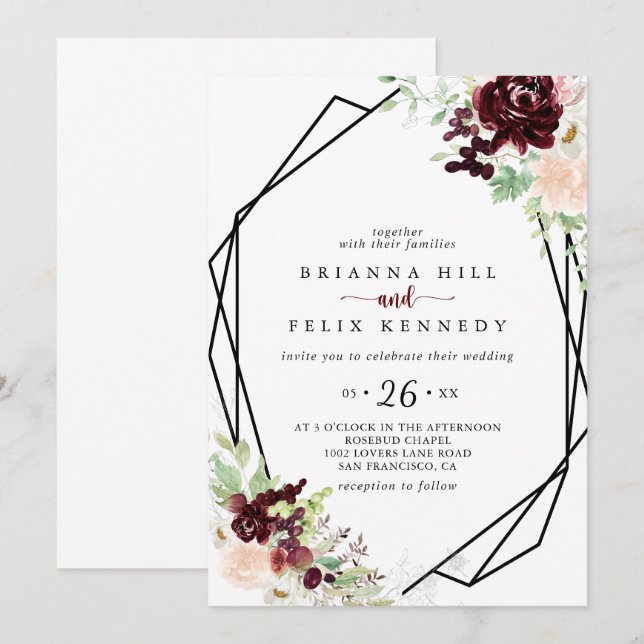Invitation Mariage floral classique géométrique (Devant / Derrière)