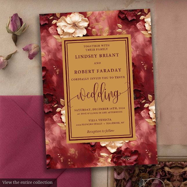 Invitation Mariage floral classique Lux foncé rouge or invite (Classic Lux Dark Red Gold Floral Wedding Invitation)