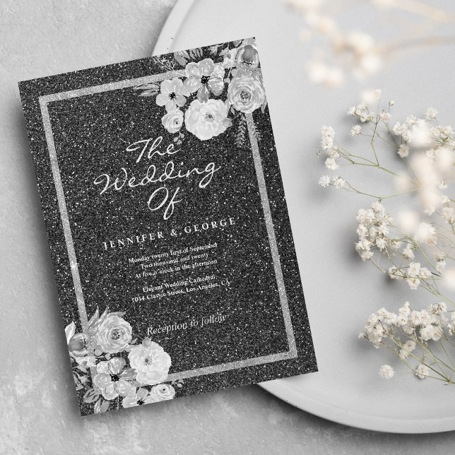 Invitation Mariage floral classique noir blanc argenté (Classic black white silver glitter floral wedding)