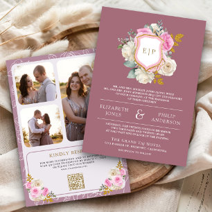 Invitation Mariage Floral Code QR Crête Mauve Rose Poussiéreu