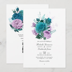 Invitation Mariage Floral Code QR Turquoise et Lavande