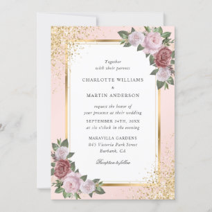 Invitation Mariage floral Confetti à cadre d'or rose