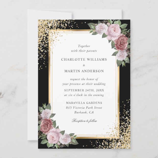 Invitation Mariage floral Confetti Black Blush Gold (Devant)