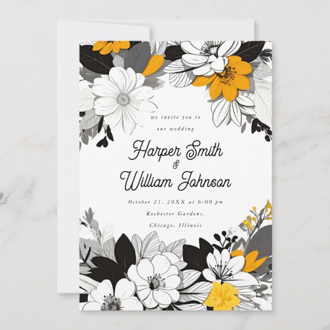 Invitation Mariage floral contemporain noir, blanc, jaune (Devant)