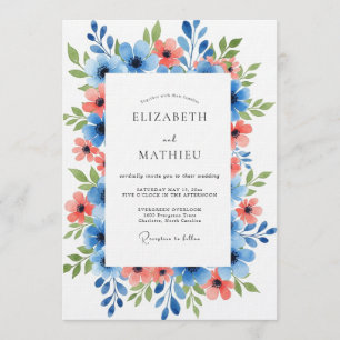 Invitation Mariage Floral Corail Bleu dans un Style Pictural
