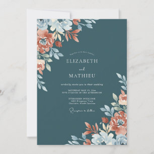 Invitation Mariage Floral Corail Bleu Poussiéreux