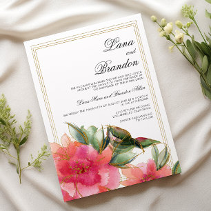 Invitation Mariage floral corail rose paillettes or blanc