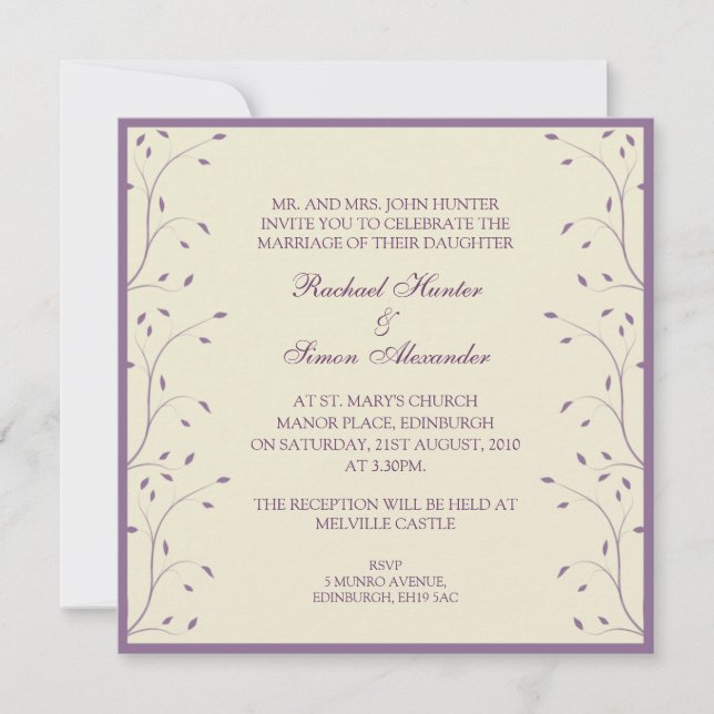 Invitation Mariage floral crème et pourpre (Devant)