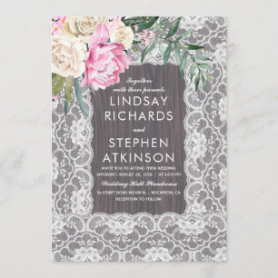 Invitation Mariage floral crème rose en bois rustique de
