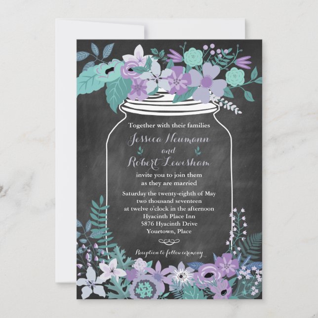 Invitation Mariage floral d'Aqua pourpre de pot de maçon de (Devant)