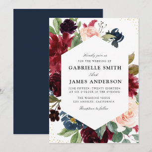 Invitation Mariage floral d'aquarelle bordeaux et marine