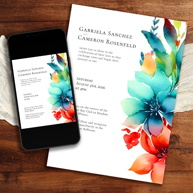 Invitation Mariage floral d'aquarelle brillante (Créateur téléchargé)
