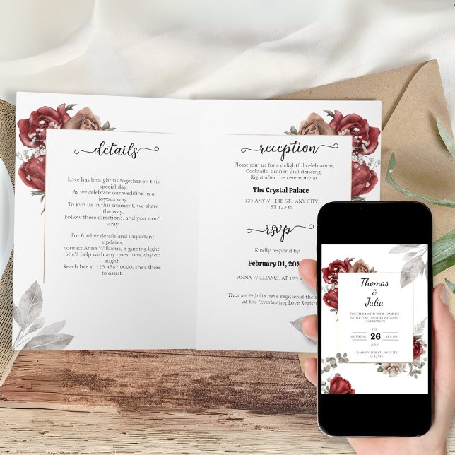 Invitation Mariage floral d'aquarelle de Bourgogne (Burgundy Watercolor Floral wedding Invitation)