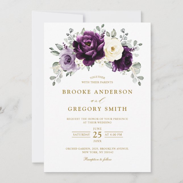 Invitation Mariage floral d'aubergine violet Plum ivoire or (Devant)
