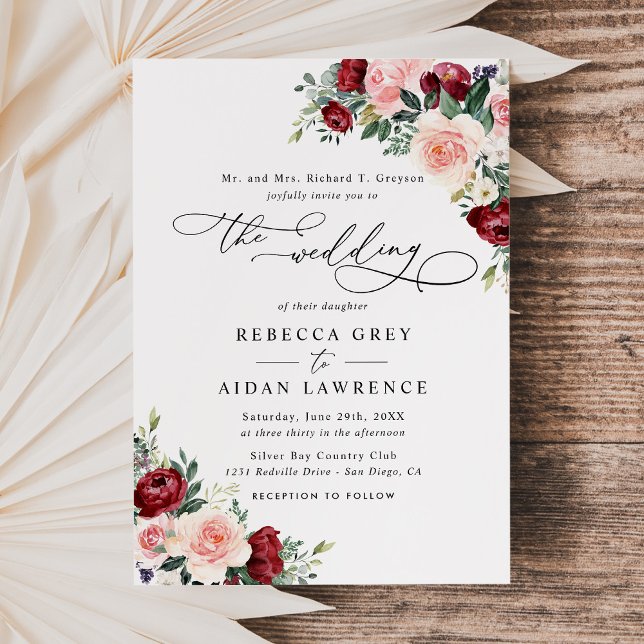 Invitation Mariage Floral d'Automne Rouge Bourgogne & Blush (Créateur téléchargé)