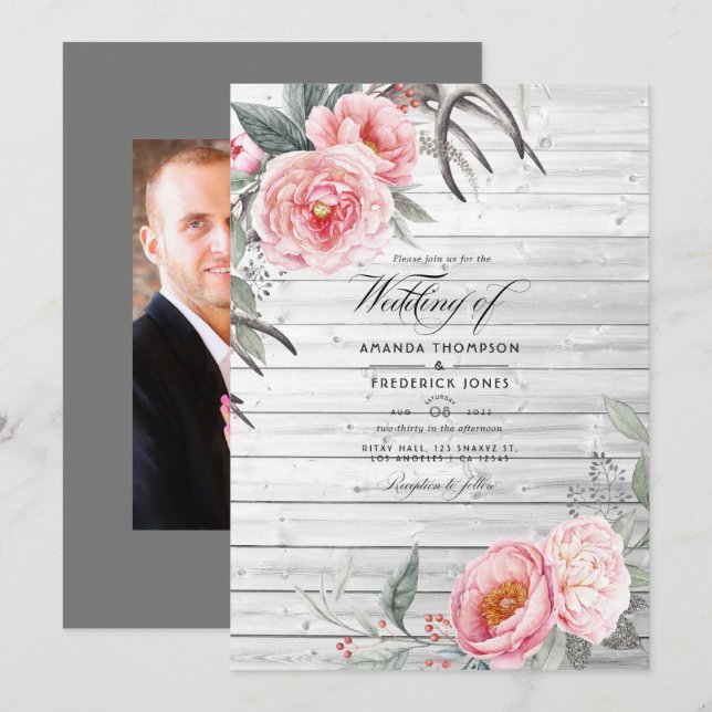Invitation Mariage floral de Bohême rustique rose et gris (Devant / Derrière)