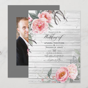 Invitation Mariage floral de Bohême rustique rose et gris
