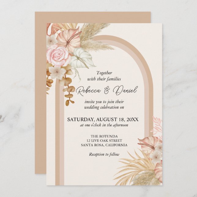 Invitation Mariage floral de Boho neutre rustique (Devant / Derrière)