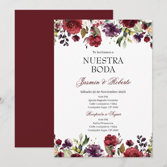 Invitation Mariage Floral de Bourgogne (Devant / Derrière)
