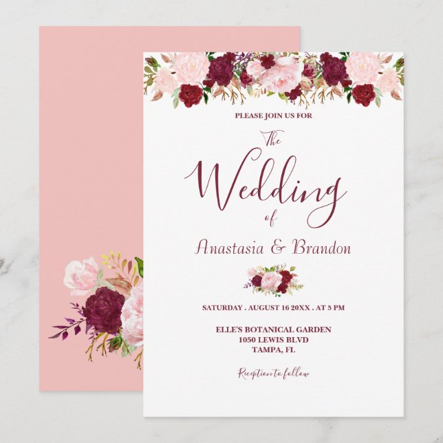 Invitation Mariage floral de Bourgogne (Devant / Derrière)