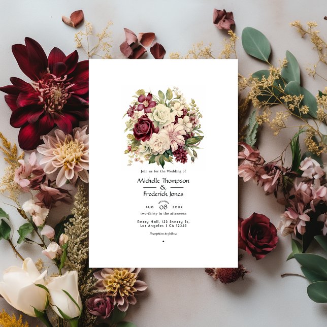 Invitation Mariage floral de Bourgogne, d'Ivoire et de Sage (Créateur téléchargé)