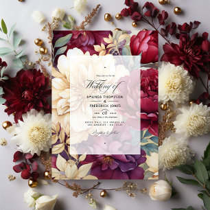 Invitation Mariage floral de Bourgogne, d'ivoire et d'or