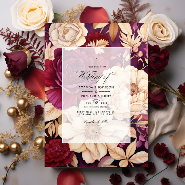 Invitation Mariage floral de Bourgogne, d'or et d'ivoire (Créateur téléchargé)