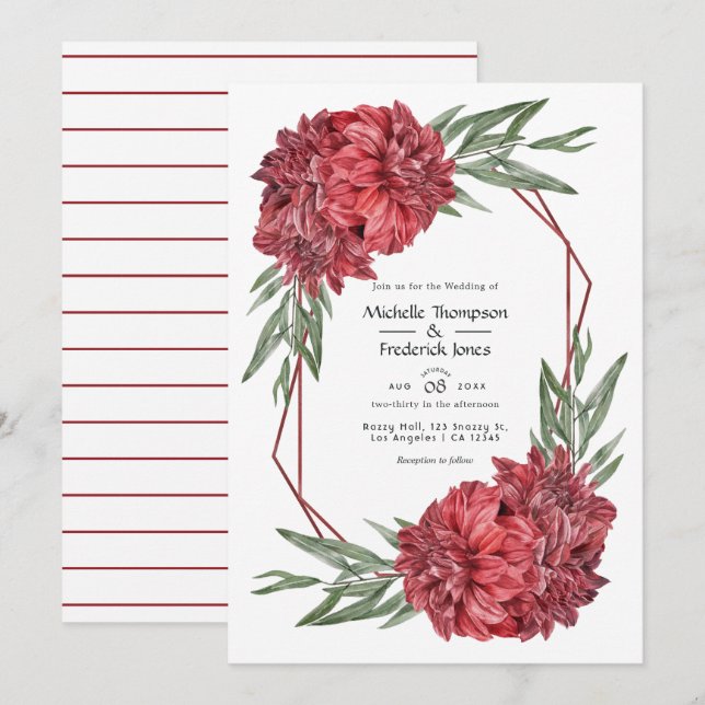 Invitation Mariage floral de Bourgogne géométrique moderne (Devant / Derrière)