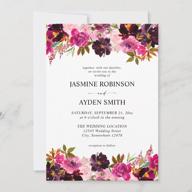 Invitation Mariage floral de Bourgogne, rose et violet chaud  (Devant)