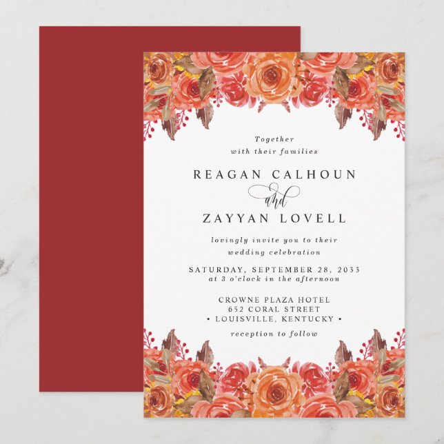 Invitation Mariage floral de Burgundy Terracotta Fall (Devant / Derrière)