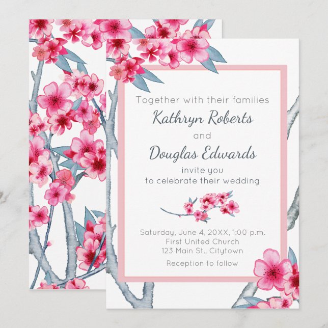 Invitation Mariage floral de cerise en fleurs (Devant / Derrière)