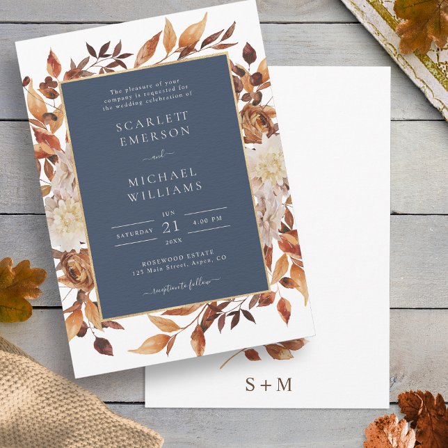 Invitation Mariage floral de chute de marine (Navy Blue White Terracotta Fall Watercolor Floral Wedding Invitation by Painted Paperie
)