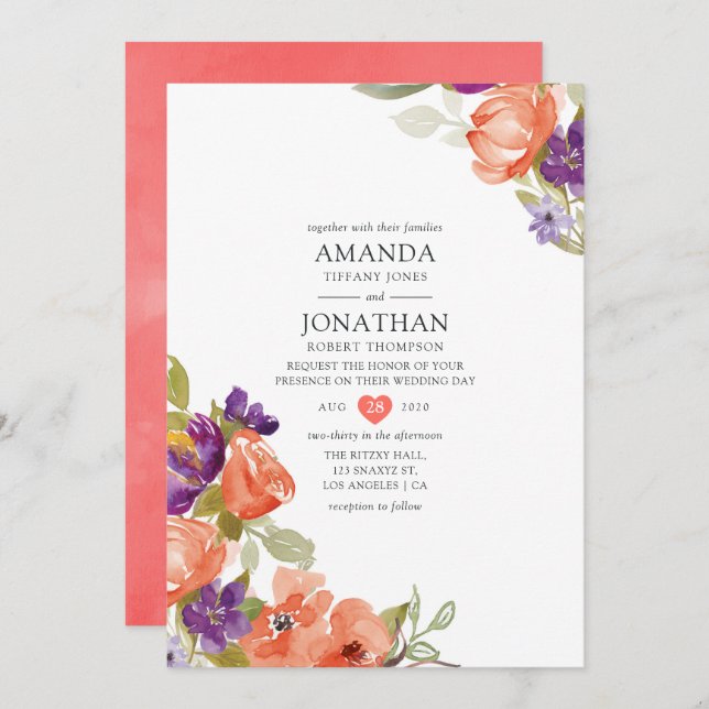 Invitation Mariage floral de corail vivant (Devant / Derrière)